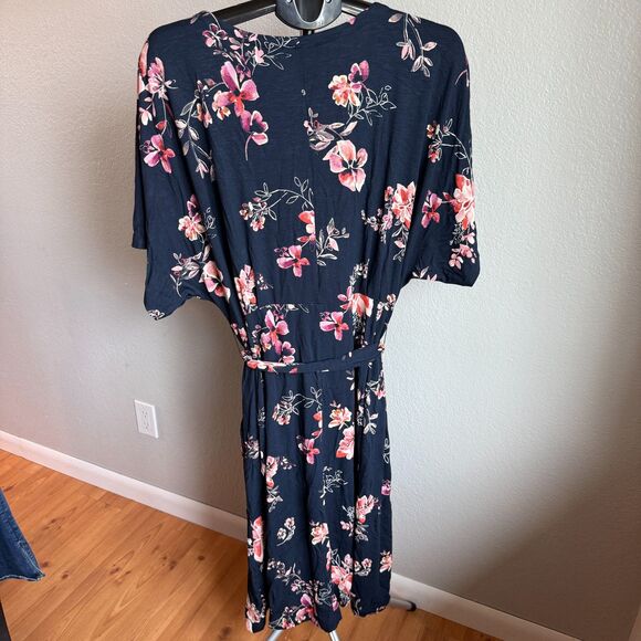 New w/ Tags J. Jill Navy Blue Floral Button Up Tie Belt Midi Dress W/ Pockets XL - Picture 3 of 7